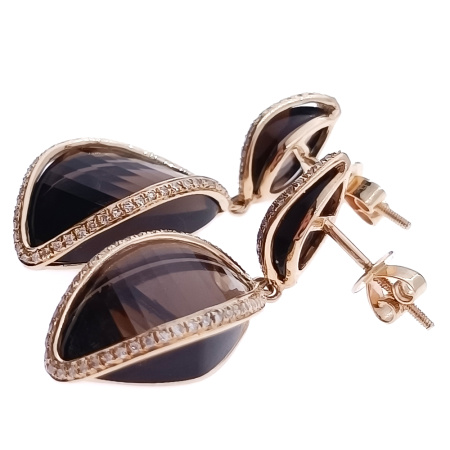 Серьги из золота 585 пробы с бриллиантами и дымчатым кварцем