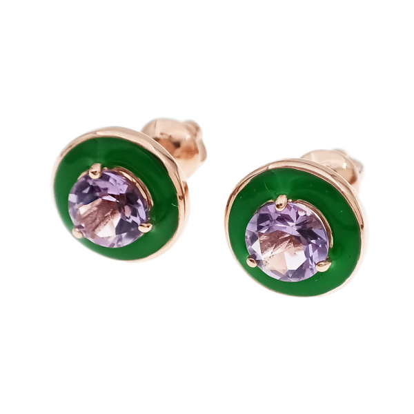 Пусеты из золота 585 пробы с аметистом и эмалью