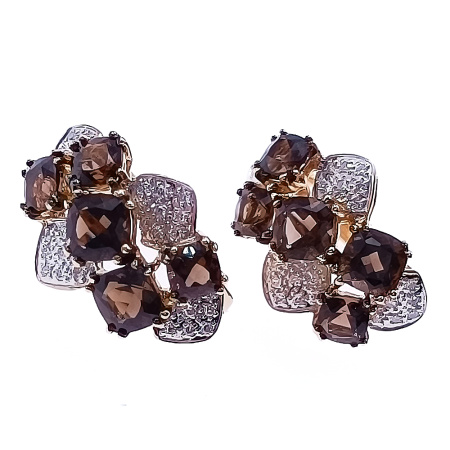 Серьги из золота 585 пробы с бриллиантами и дымчатым кварцем