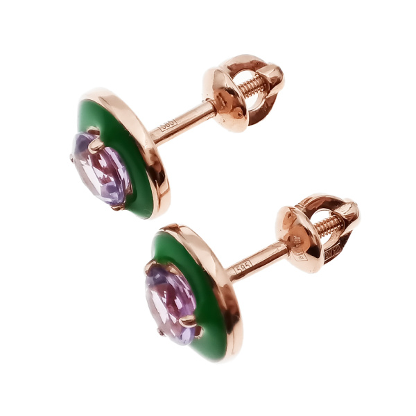 Пусеты из золота 585 пробы с аметистом и эмалью