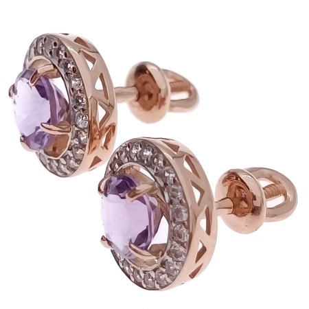 Пусеты из золота 585 пробы с аметистом и фианитом