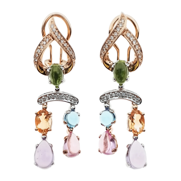 Серьги из золота 585 пробы с бриллиантами, хризолитом, аметистом, топазом, цитрином и корундом с.